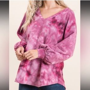 NWT VIAMOR Brand Cute Trendy Tie Die Pink V-Neck Puff Sleeve Sweatshirt Size Med